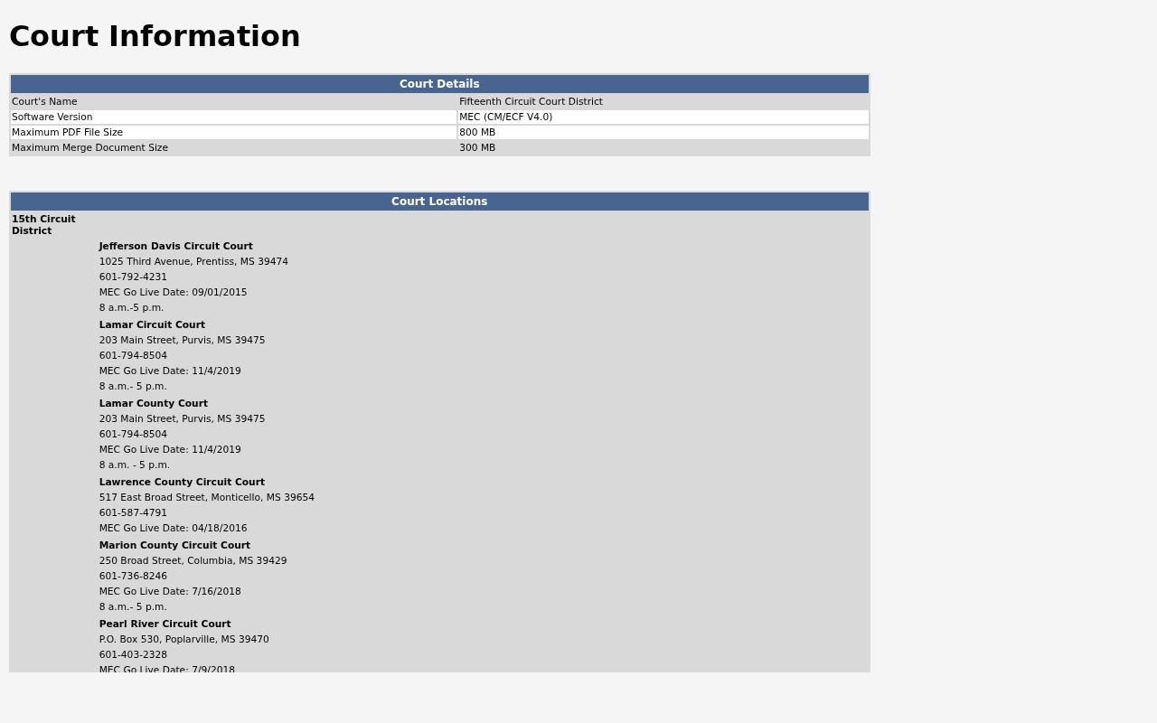 Mississippi court information page listing bench warrant and capias flags used in Attala County records