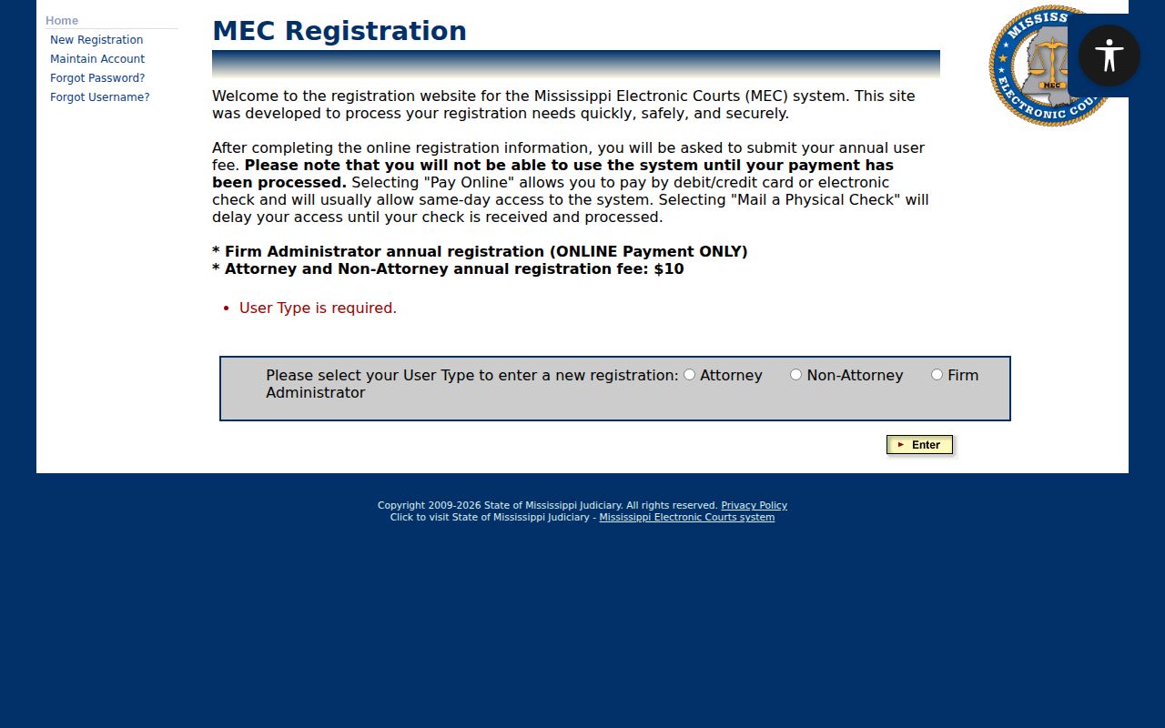 PAMEC public registration page used for Attala County warrant and case record access