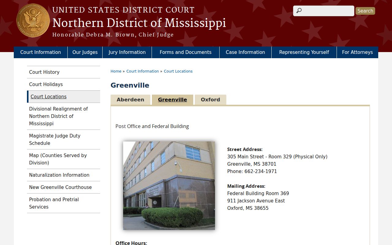 Greenville federal courthouse location page serving Attala County arrest warrant matters