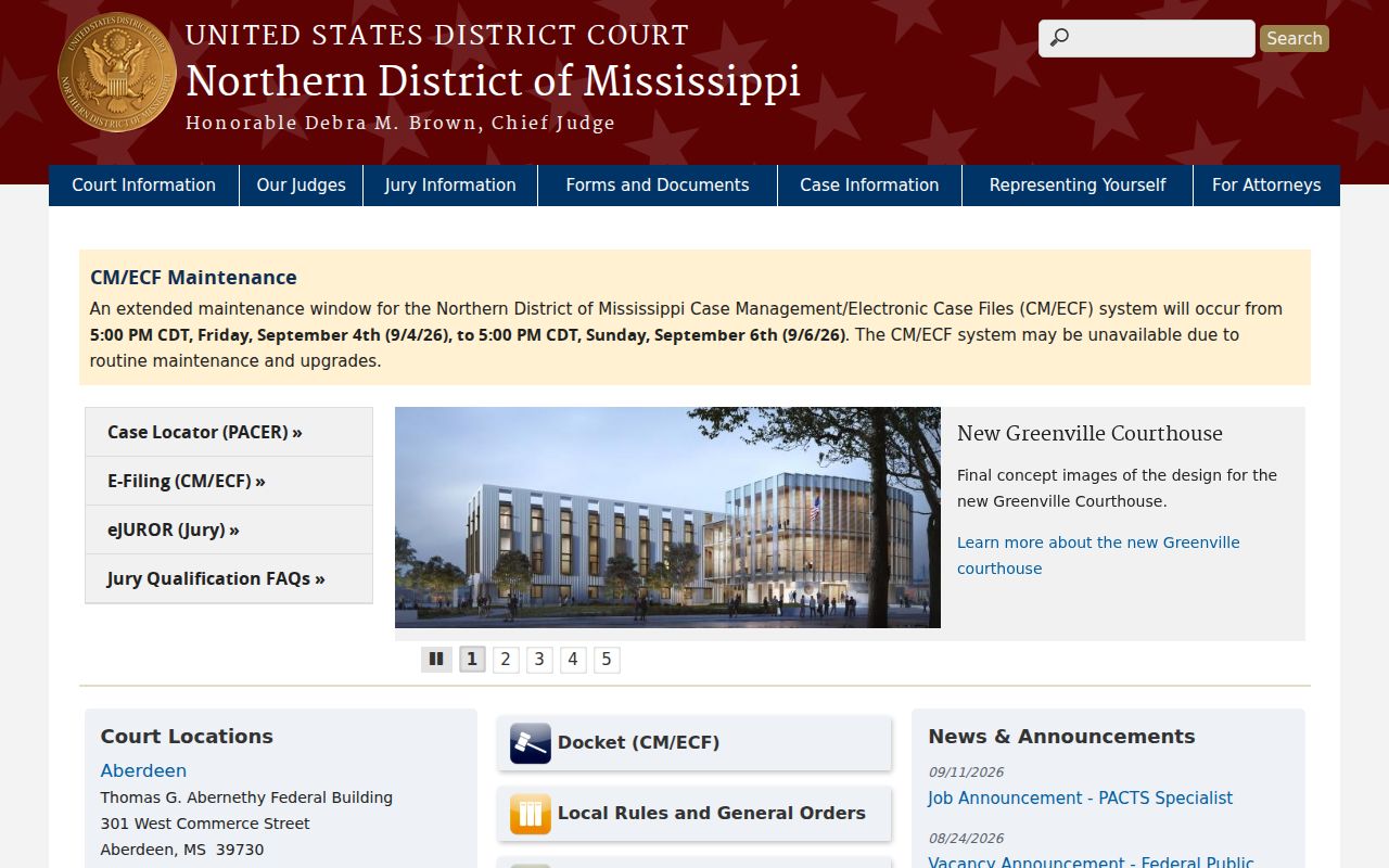 Northern District of Mississippi court home page covering federal warrant matters from Attala County