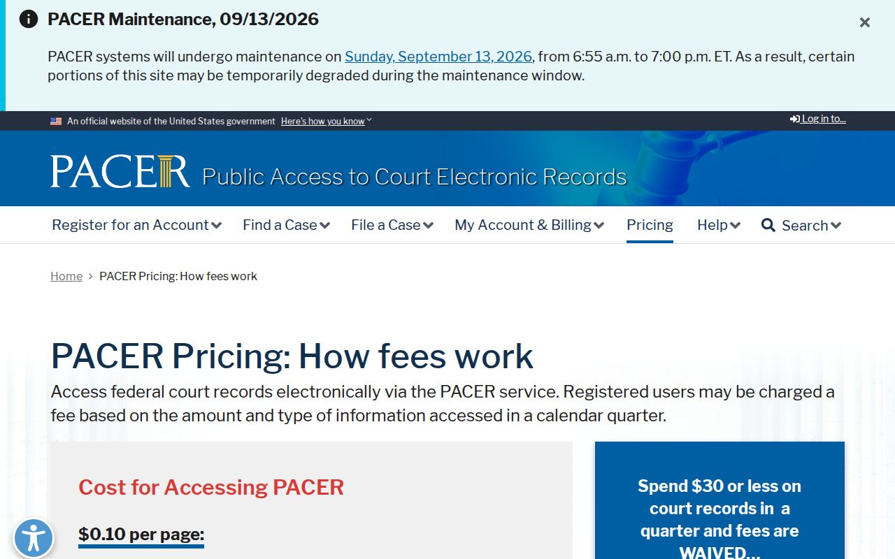 PACER fee page explaining federal docket costs for Attala County warrant research